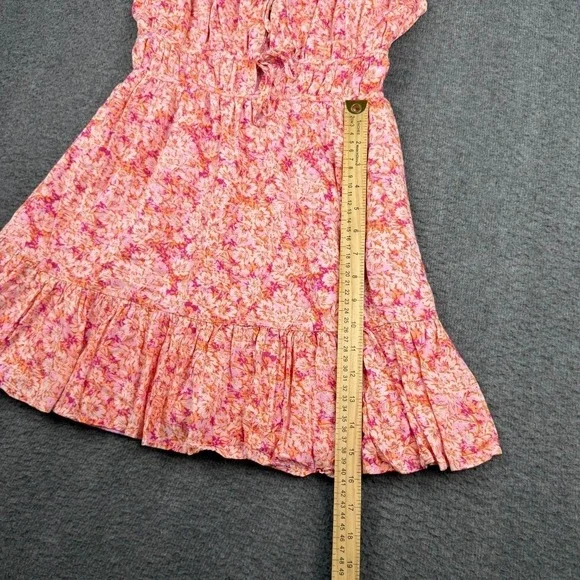American Eagle Small Silky Tie-Front Mini Dress Pink Orange Floral Summer - Picture 6 of 8